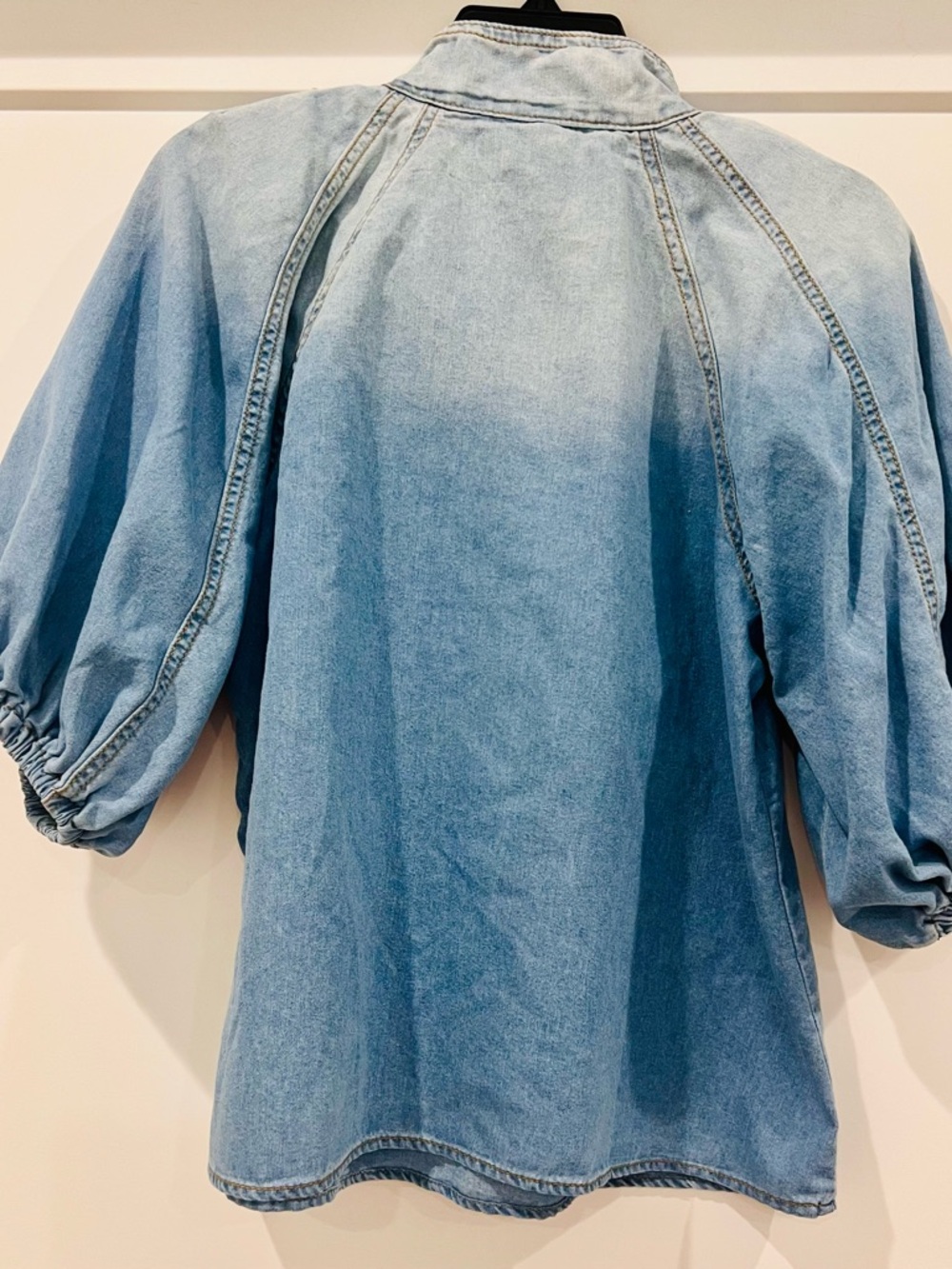 Denim Puff Sleeve Tie Neck Blouse M Boho Balloon Sleeve Bow Top Blue - Picture 3 of 8